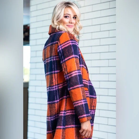 Nasty Gal Premium Plaid Double-Breasted Wool Look Coat Orange & Purple Size 16 - Picture 15 of 17